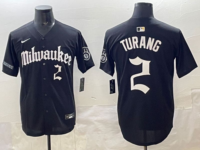 Men 2025 Milwaukee Brewers #2 Turang Black Five generations Joint Name Nike MLB Jersey style 11